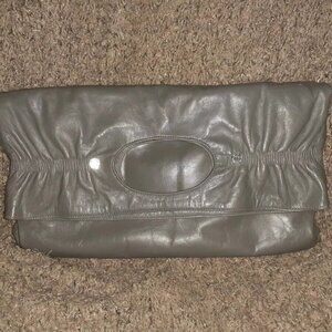 RUDSAK-Foldover-Ruched-Clutch with Handle-Gray Leather-Near Mint